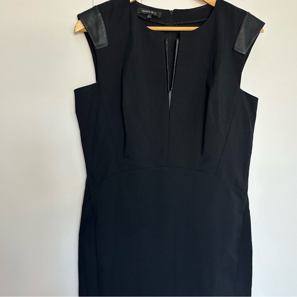 Lafayette 148 New York Black Dress 8 LBD leather trim cocktail contemporary - Picture 4 of 12